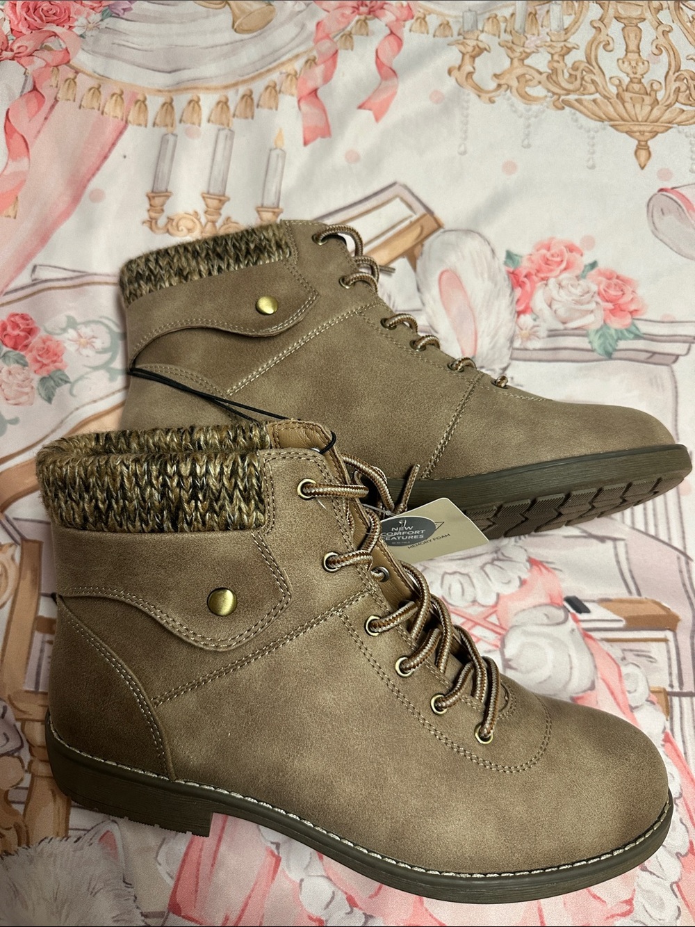 St. John's Bay Taupe Lace-Up Knit-Cuff Ankle Booties